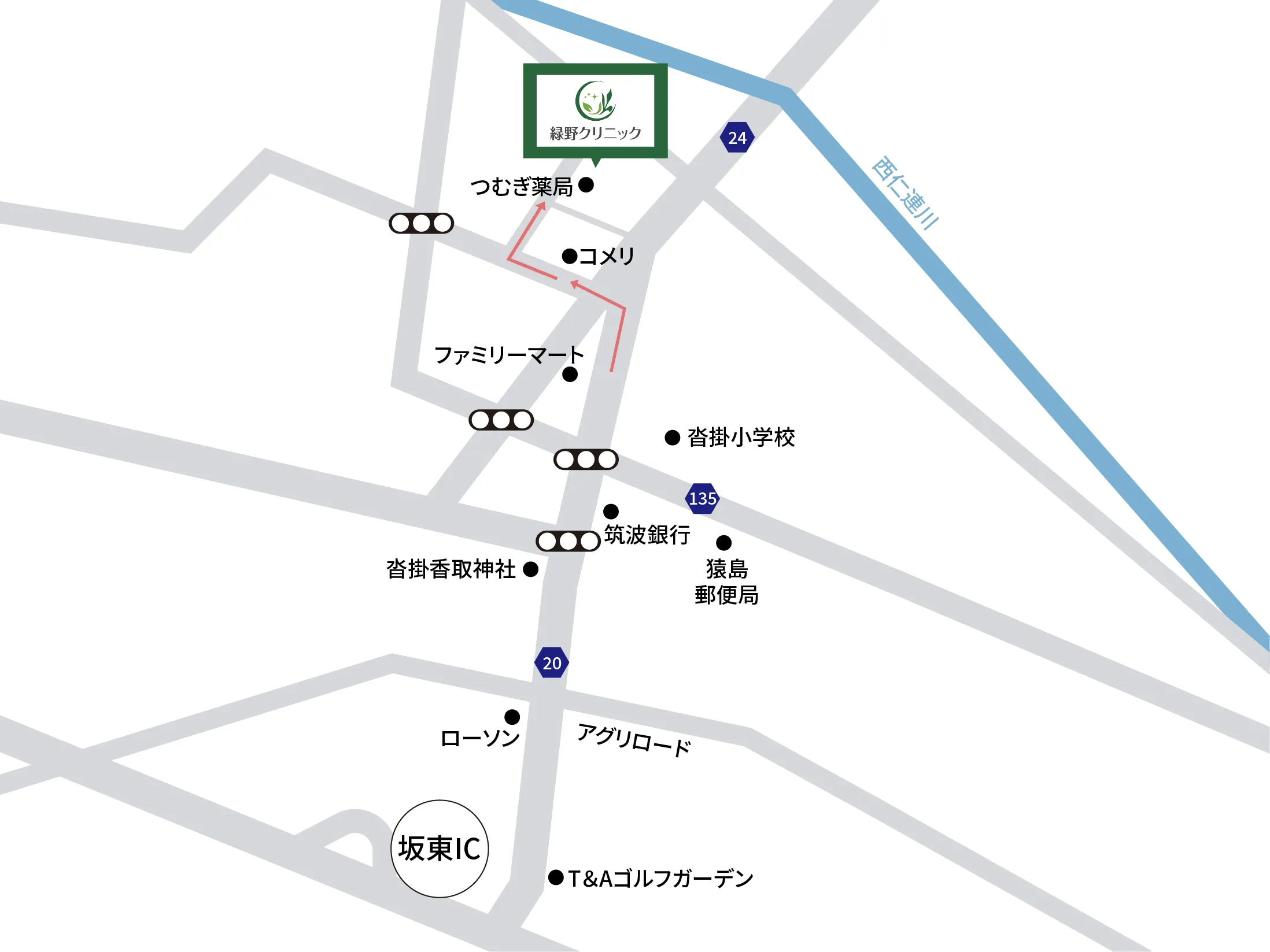 坂東ICから緑野クリニックへのアクセスマップ